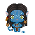 Pixel art avatar of blue-skinned character with dark braided hair, green eyes, and white ear tufts holding a small object.