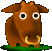 Two pixelated brown cow icons stand side-by-side on green grass, each with large white-rimmed eyes and a golden ring in its mouth.