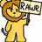 Pixelated cartoon character in yellow lion costume holding sign with 'RAWR' text, standing against white background.