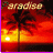 A tropical sunset scene with palm trees silhouetted against an orange-red sky, a bright sun near the horizon over water, and 'Paradise' text at top.