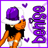 Pixelated character with orange skin wears purple and white cap, black hair, gold earrings, white shorts; text 'Dense' in purple letters on right.