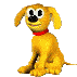 Animated yellow dog with red collar in three poses: sitting front-facing, turning away, and holding framed photo of itself.