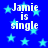 Blue background with light blue stars and repeated white text "Jamie is single" in pixelated font.