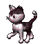 Pixelated cat icon in three of three poses showing walking cycle with tail raised and pinkish-white paws