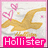 Pixelated icon features golden bird with outstretched wings, pink heart-shaped accents above it, and 'Hollister' text in white on bright pink banner at bottom.