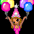 Pixelated character in pink dress and party hat holds colorful balloons against black background with green text reading 'ITS MY PARTY' on white