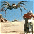 A pixelated static image shows a large spider-like creature with multiple legs positioned above a beach scene featuring a red-roofed structure and scattered objects on sand.