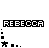 Pixelated text 'REBECCA' with animated blue highlights on individual letters, accompanied by a black star and small square shapes.