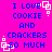 Bright pink background with blue pixelated text reading 'I LOVE COOKIE AND CRACKERS SO MUCH' and white square-shaped pixel art elements scattered around the text.