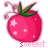 A pink strawberry with green leaves and a curly stem, featuring white sparkles on its surface and the word 'sweet' below it.