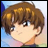 A 48x48 pixel buddy icon featuring a split composition with an anime-style character on the left and stylized text on the right against a black background.