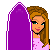 Pixel art contact sheet showing a female character in various poses with purple surfboards and pink text on black background.