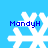 Four white snowflake icons on a light blue background with "MandyH" text above each, showing pixelated animation variations.