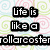 Pixelated text reads "Life is like a rollercoaster, a lot of twists and turns." on a pastel spiral background with black outlines.