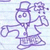 Pixelated purple line drawing of a character with large eyes, top hat, and flowing limbs on light blue background.