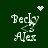 Pixelated white text 'Becky' and 'Alex' on dark green background with animated heart or starburst above.