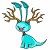 A pixelated cartoon character with turquoise body and antlers, next to green text on a dark background.
