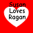 Four identical heart-shaped icons with white fill and black text reading "Susan Loves Rogan" on a solid red background.