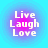 Four circular icons display "Live Laugh Love" text with gradient backgrounds shifting between blue and pink hues.