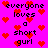 Pixelated text on bright pink background with red hearts, displaying 'everyone loves a short girl' repeated in black block letters.