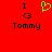 Red background with black text and symbols: 'I', '<3', 'Tommy' on left; 'I', '<3', 'Tommy' on right with green heart symbol above '<3'.