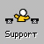 Pixelated yellow figure with white head waves while holding black object, surrounded by gray X-shaped icons on gray background with 'Support' text below.
