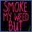 Four- with pink neon-style text on black backgrounds, each bordered by blue, displaying a phrase about college and weed