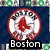 A circular Boston Red Sox logo with a red 'B' on white, surrounded by text and a blue background, displayed in three variations with different lower text.