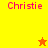 Yellow and orange pixelated with pink text 'Christie' repeated four times, featuring two star icons in different positions