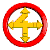 A circular red border encloses a golden cross-shaped symbol with arrowheads on all four ends, rotating through multiple angles in a sequence.