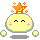 Pixelated yellow circular character with closed eyes, pink cheek marks, and orange star on head; two small floating orbs appear in first frame.