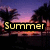 Pixelated beach sunset scene with palm trees and text overlays reading Summer, Friends, Beach., Oh ya.