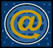 Yellow @ symbol with arrow on blue globe background inside white circle on dark blue