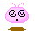 Four pink pixelated cartoon heads with antennae and brown bases, each displaying different black symbols on their faces.