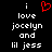 Black background with white pixelated text reading "i love jocelyn and lil jess" in two identical vertical , each topped by a red heart symbol