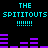 Pixelated cyan text and purple bar graphs on black background, repeating 'THE SPITITOUTS !!!!!!!' with vertical bar patterns.