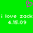 Green background with a pink pixelated heart icon above white pixelated text reading "i love zack i love zack 4.15.09" repeated twice.