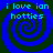 Four identical blue and green spiral patterns with cyan text reading "i love ian hotties" arranged in a on a dark background