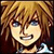 Pixelated anime-style portrait of a character with light brown hair, blue eyes, and a wide smile showing teeth.
