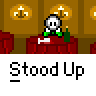 Animated contact sheet showing a 5x5 grid of pixel art frames depicting a white stick figure with green accents performing sequential actions against a brown and red background, labeled "Stood Up" beneath each frame.
