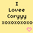 Yellow background with black pixelated text reading "I Lovee Coryyy xoxoxoxoxo" and two pink heart icons below.