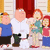 Animated sequence showing Stewie Griffin from Family Guy in two distinct poses with a background group of characters.