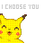 Pixelated yellow cartoon character with brown-tipped ears and red cheek circles, shown in a of four above text reading "I CHOOSE YOU"