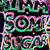 Pixelated static image with swirling patterns in pink, green, and black hues forming abstract shapes against a dark background.