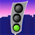 Pixelated traffic light icon with green illuminated, set against purple-pink gradient sky and dark blue cityscape silhouette.