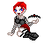 Pixel art character with red hair, blue eyes, and white face paint holding a black curved object in alternating poses.