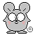 Pixelated gray mouse with large white eyes, pink cheeks, and a small black nose stands against light gray background; tail curls clockwise.