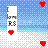 Pixelated beach scene with blue sky, turquoise water, and yellow sand; white vertical banner displays partial text and red hearts.
