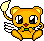 Pixel art character with orange fur, white wings, and a yellow-tipped tail in four distinct expressions: wide-eyed surprise, neutral gaze, closed eyes, and half-closed eyes.