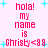 Pixelated pink text reads 'hola! my name is Christy<88' with cyan plus signs scattered on a white background.